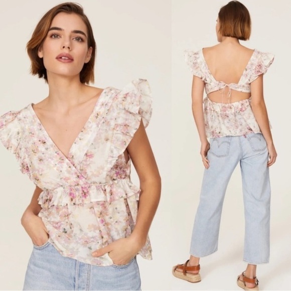 MUNTHE Rent the Runway Herb Ruffle Flutter Sleeve Floral Open Back Blouse 10 /40 - Picture 1 of 8